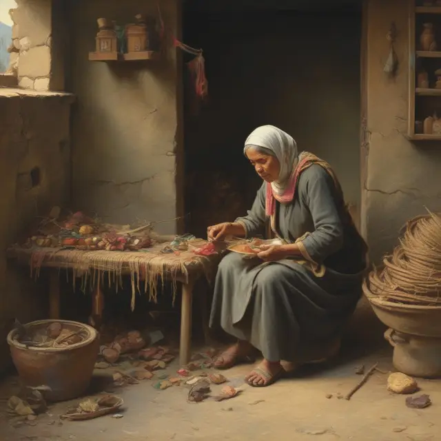 Widow(er) working on a tapestry symbolizing their household expenses with a dependent child present