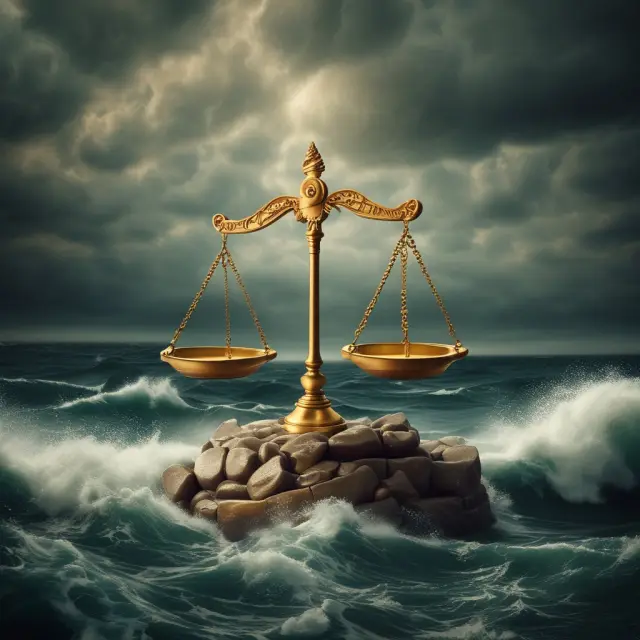 Golden tax shield tipping on a scale representing advantages, facing a stormy sea symbolizing risks in using a qualified disclaimer