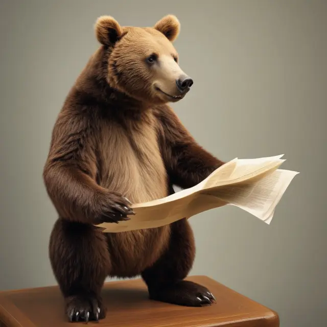A bear holds a split disclaimer document: one side labeled 
