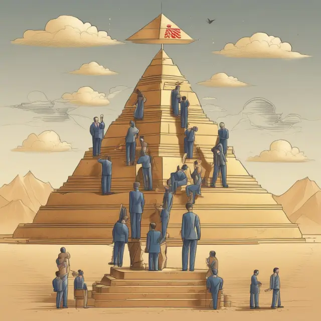 A non-citizen spouse sits atop a gold pyramid representing a QDT, supported by two U.S. trustees and an attorney drafting the trust document, emphasizing estate planning for cross-border marriages.