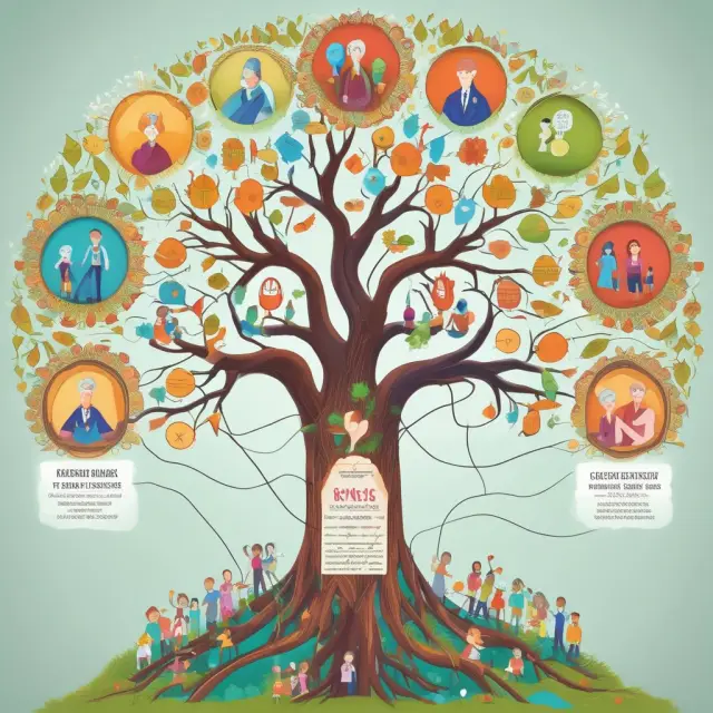 A colorful family tree with health insurance branches adapting to life