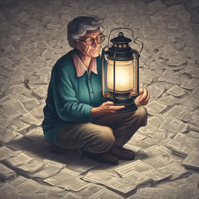 A widowed person illuminated by a lantern, surrounded by tax forms and paperwork, symbolizing the advantages of retaining married filing jointly status after spouse