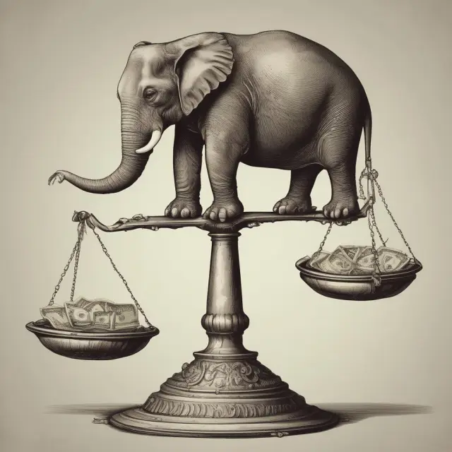 An elephant precariously balancing debt payments on one side of a scale and income on the other, with a focus on calculating debt-to-income ratios for personal loans and mortgages.