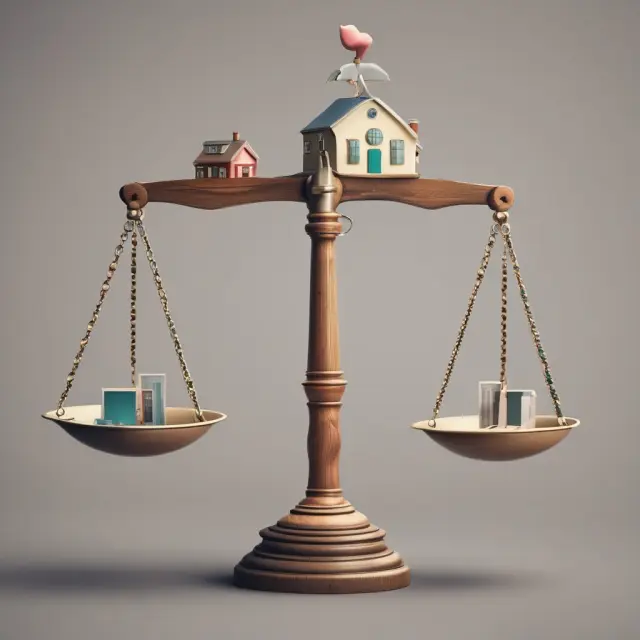 A person standing before a balance scale holds a basket labeled 