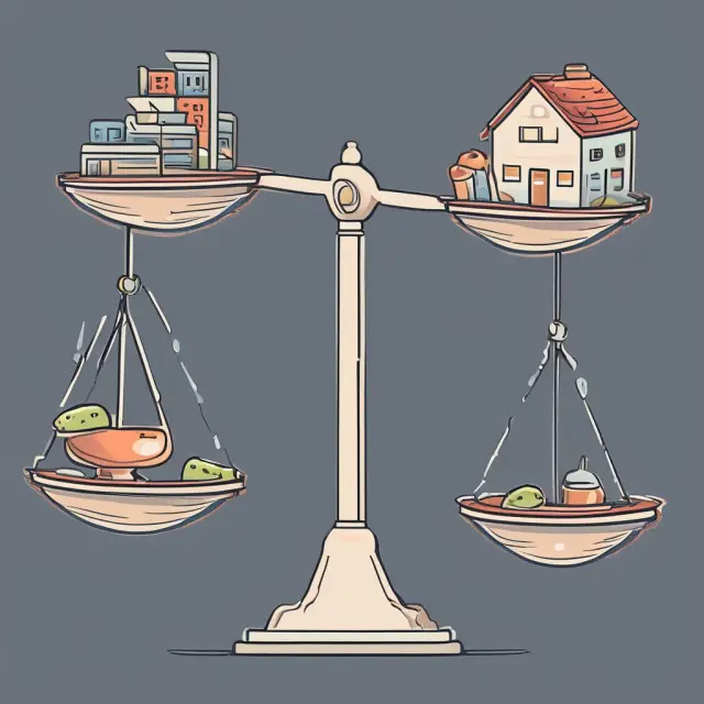Borrower with balancing scales weighing debt-to-income (DTI) and housing expense ratios against income stream