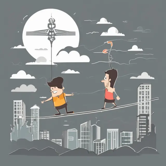 A person standing on a tightrope represents maintaining a low debt-to-income ratio. Monthly expenses (balloons) and income (support beam) are balanced to secure loan approval.