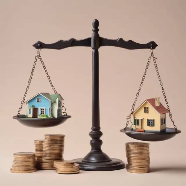 A balance scale with credit history, LTV ratio, and local real estate market conditions influencing the weight of each side.