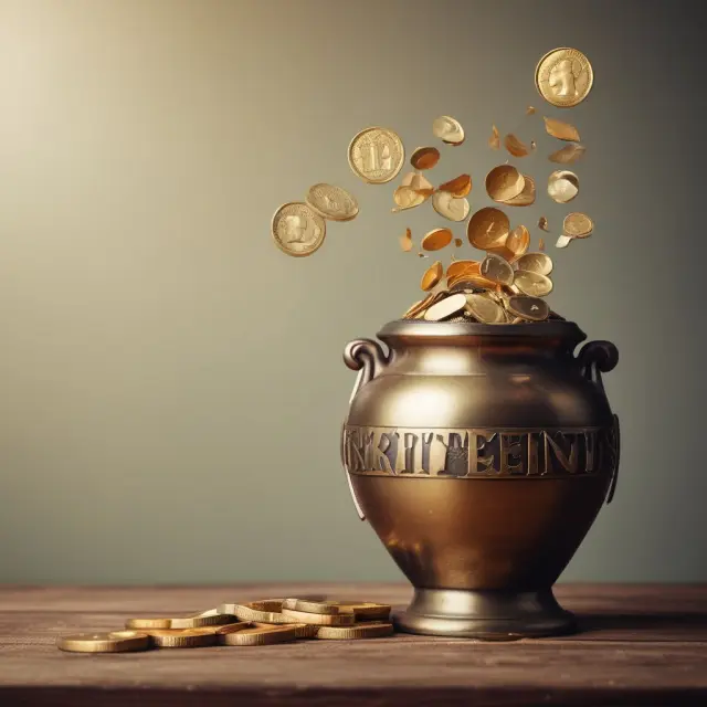A golden coin pouring into a large urn labeled 