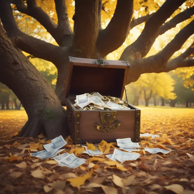 Treasure chest overflowing with retirement savings, growing beneath an ancient oak tree adorned with golden leaves, symbolizing the tax-deferred growth benefits of annuities