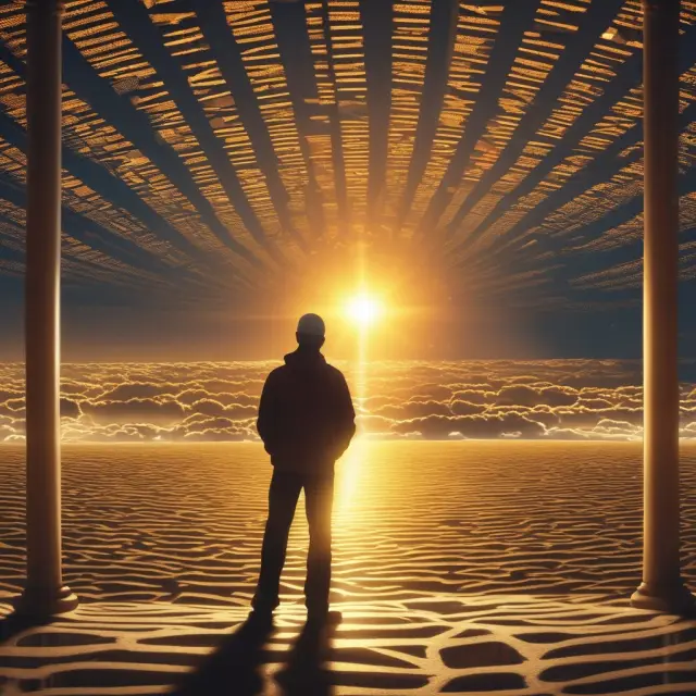 Golden sun rising over a calm sea filled with stock tickers, representing the tax benefits and potential growth from investing in stocks within retirement accounts