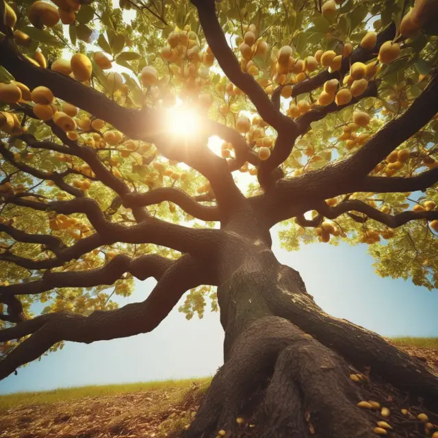 Tree with golden acorns symbolizing qualifying investments flourishing in a retirement savings orchard for tax-efficient growth