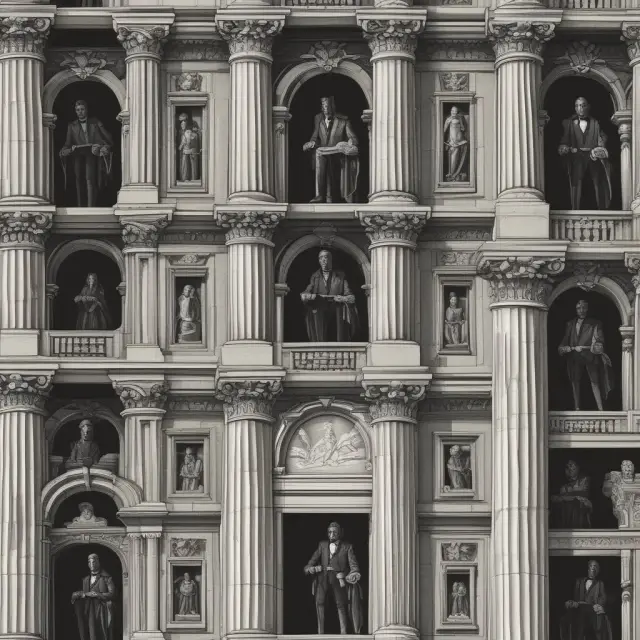 A quintet of executives, symbolizing pillars, supporting a mountain of financial data