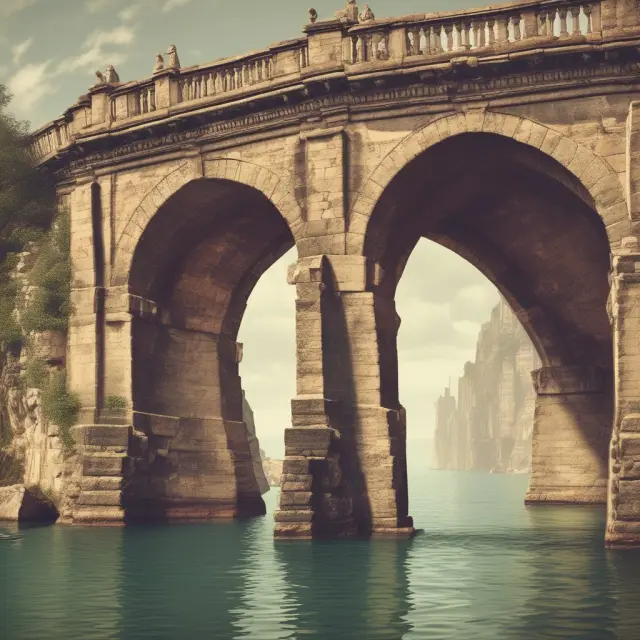 An ancient bridge with customer satisfaction, loyalty, and retention as three pillars supporting a financial chart
