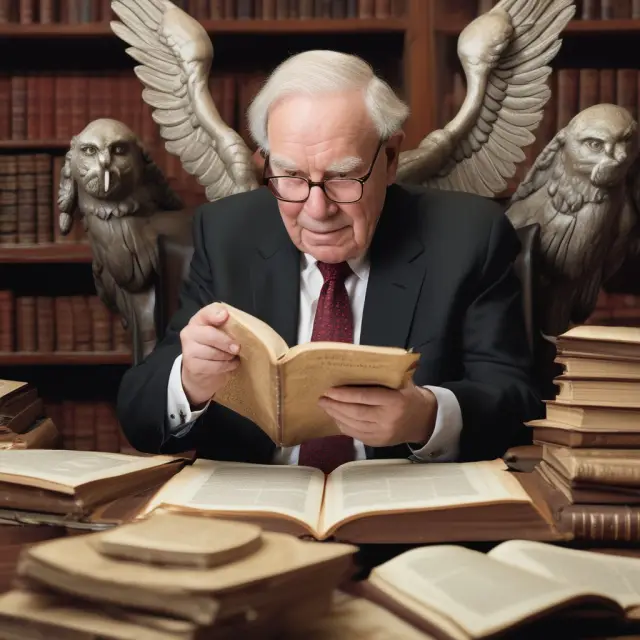 Warren Buffett studying a book, with intangible factors depicted as wings.