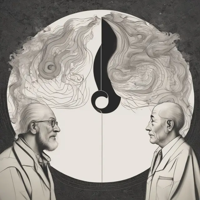 A yin-yang scale representing quantitative graphs (left) and qualitative people (right), symbolizing the importance of a balanced approach in investment decisions
