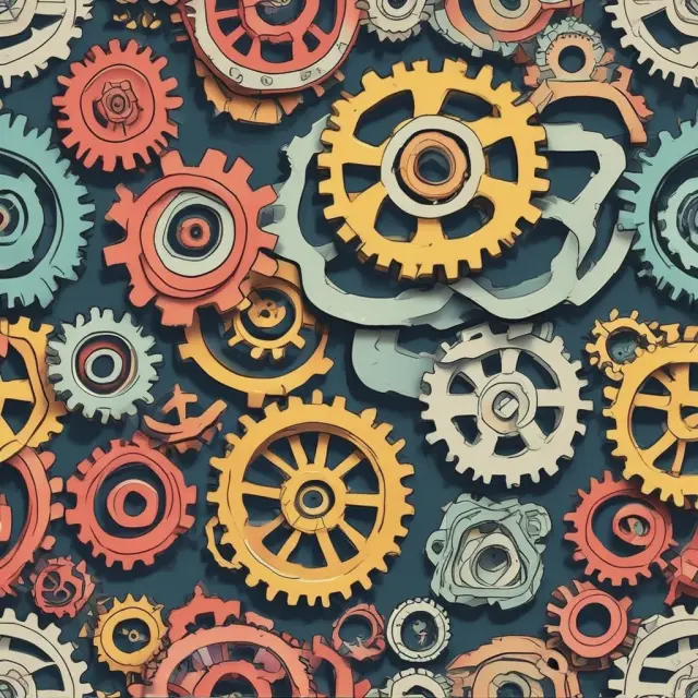 A group of gears representing food manufacturing, aircraft, automobile manufacturing, electronics, and other industries coming together seamlessly