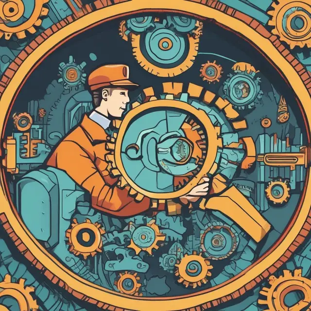 An inspector examines gears representing different industries through a magnifying glass, emphasizing Quality Control
