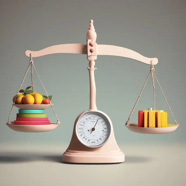A balance scale tips towards happiness as factors like job satisfaction, housing, healthcare, and cultural activities come together.