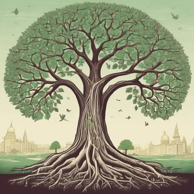 An image of a thriving tree with roots labeled