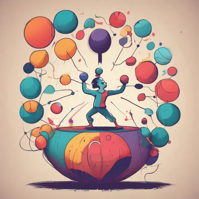 Person juggling work-life balance balls: relationships, nutrition, and fitness. Encourages self-improvement and overall wellbeing.