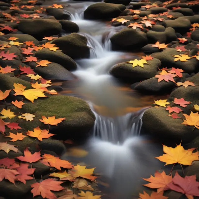 A flowing stream with colorful leaves gently falling into it while a person practices mindfulness meditation nearby
