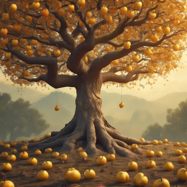 A gratitude tree bursting with golden apples, representing personal growth and enhanced quality of life elements