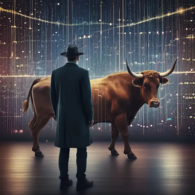 Time traveler examining past bull markets and using quantum computing to analyze future quant fund performance trends
