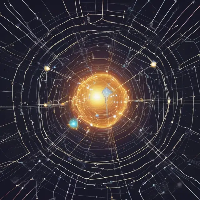Quantum particles symbolizing successful quant funds (Winton, Bridgewater, RenTech) collide to form a resilient investment constellation