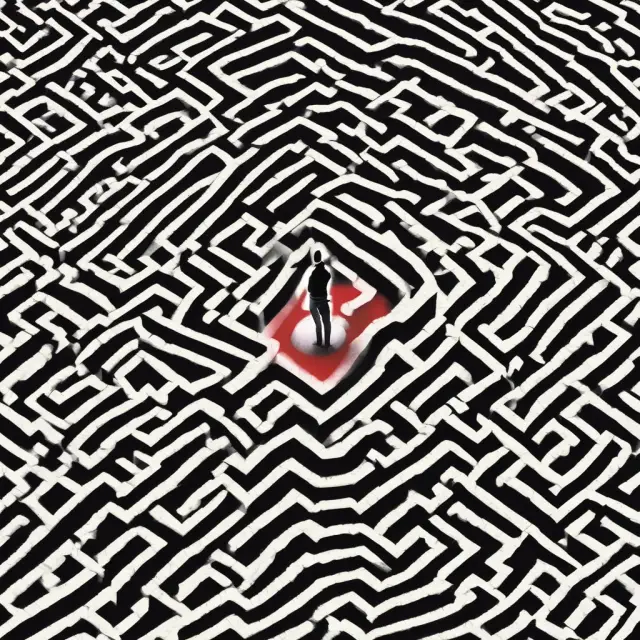An investor examines various algorithmic models while navigating a maze, evaluating performance metrics, risk factors, and fees to find the optimal quant fund for investment