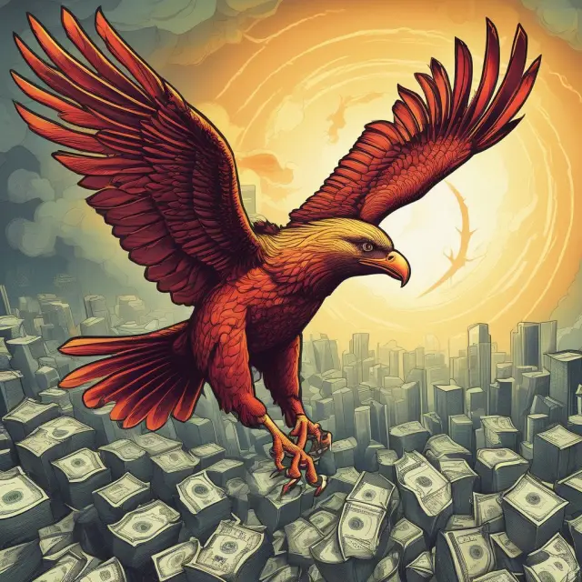 A mythical phoenix rising from a pile of ashes, symbolizing the resurrection of an economy through quantitative easing