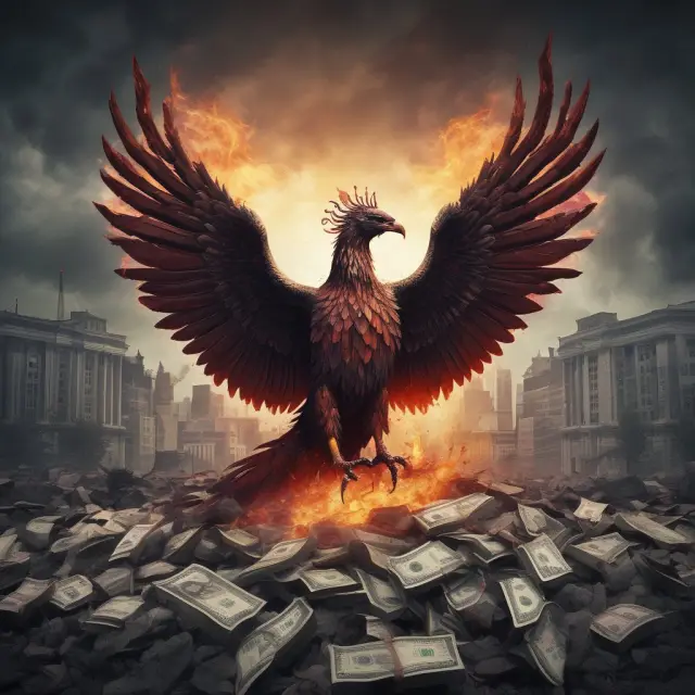 A mythical Phoenix, representing quantitative easing (QE2), rising above a pile of economic crisis ashes to stimulate growth and revive the economy