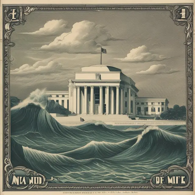 A calm sea with a turbulent horizon, symbolizing economic uncertainty amidst the Federal Reserve
