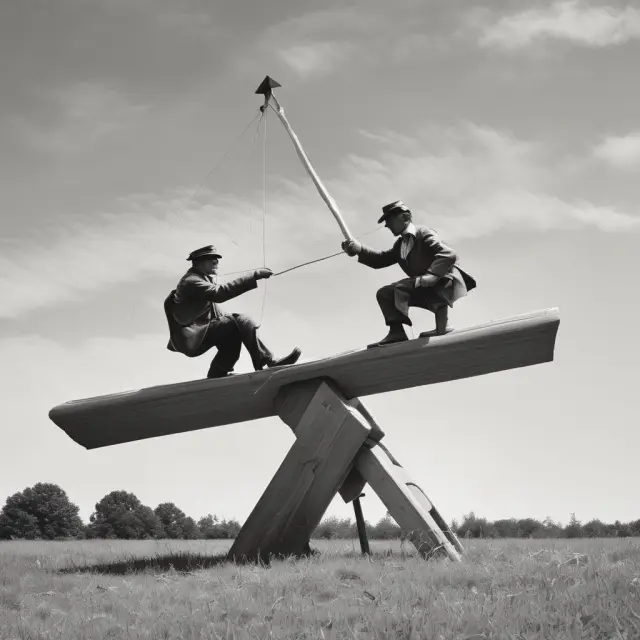 Two economists weighing pros and cons of QE3 on a see-saw, with economic graphs and balance scales in the background