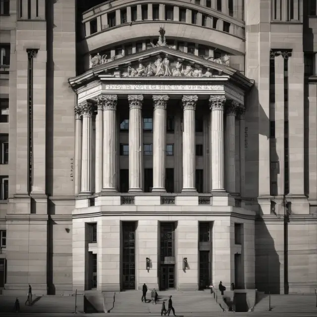 Three central bank pillars with interconnected roots representing Japan, Europe, and the United States