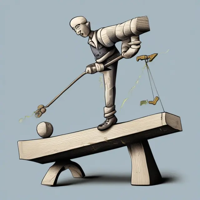 Three investors (stockholders, bondholders, borrowers) on a seesaw balanced by QE, illustrating various reactions to its benefits and drawbacks