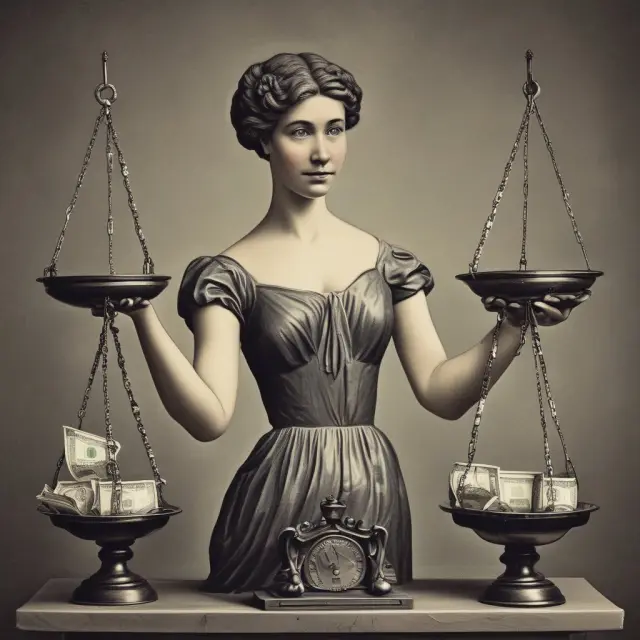 An image of a central bank goddess delicately adjusting her scales, one pan representing low inflation and the other, interest rates, as she navigates quantitative easing effects