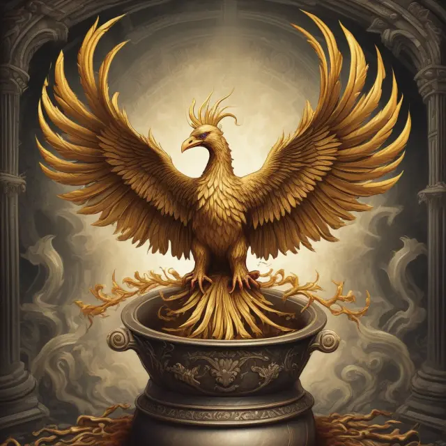 A golden phoenix rising from a cauldron filled with securities, representing the economic revival through quantitative easing