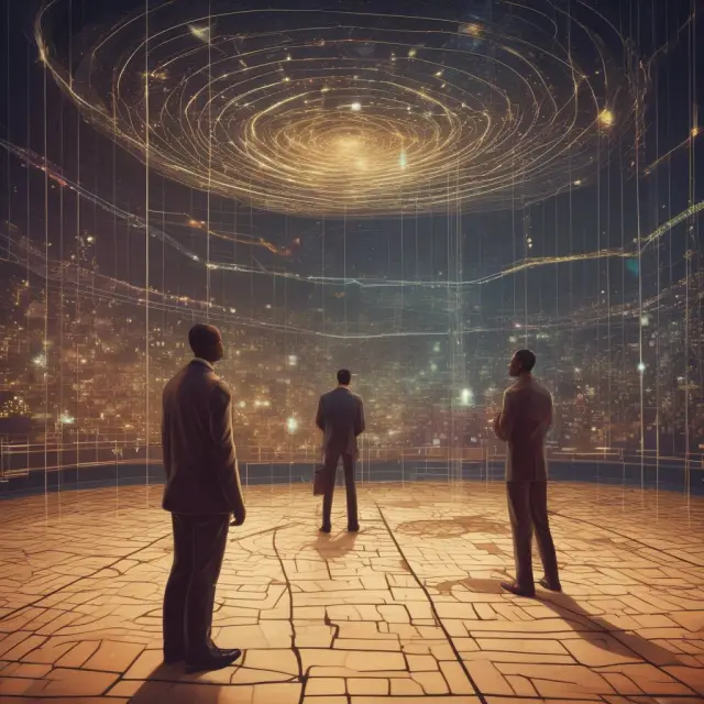 Institutional traders examining data particles on a cosmic trading floor, maximizing investment opportunities with quantitative analysis