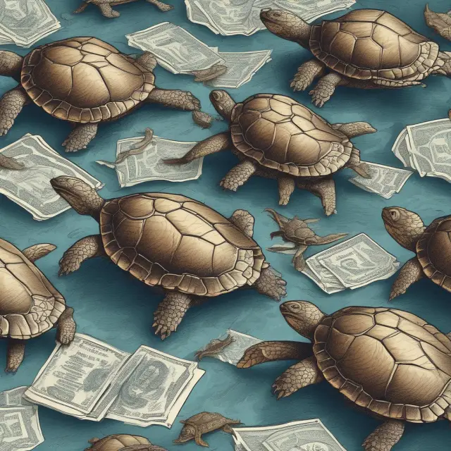 A group of turtles swimming in a vast ocean of financial data, symbolizing successful quantitative trading strategies