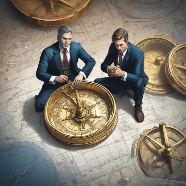 Two traders navigating a sea of data: one holds a golden compass signifying successful quant trading, while the other has a broken compass representing model failure.