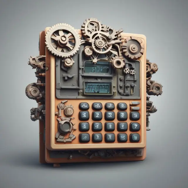 Calculator with spinning gears representing numerical data processing and analysis