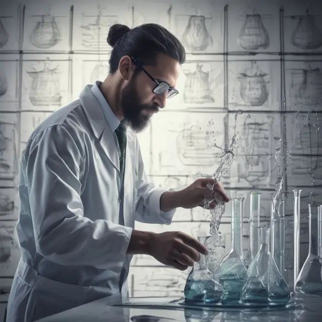 Lab scientist cleans data for quantitative analysis, symbolized by a beaker of clear water with gentle ripples