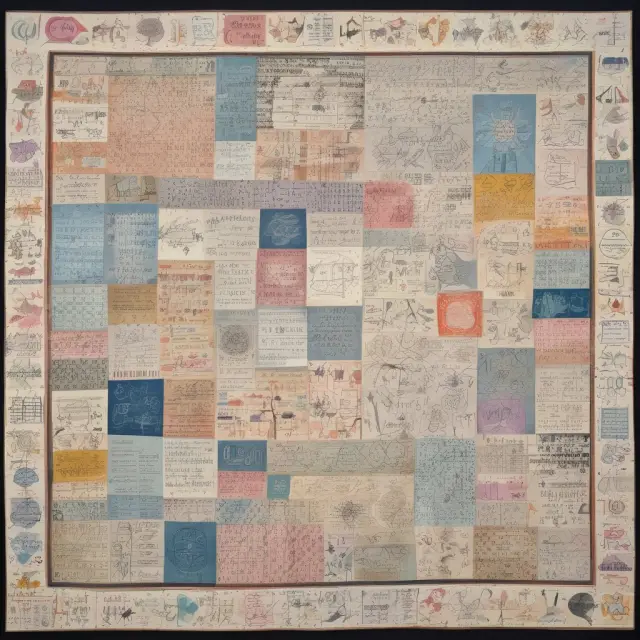 An image of a quilt featuring various financial charts and mathematical equations interconnected by threads representing data analysis