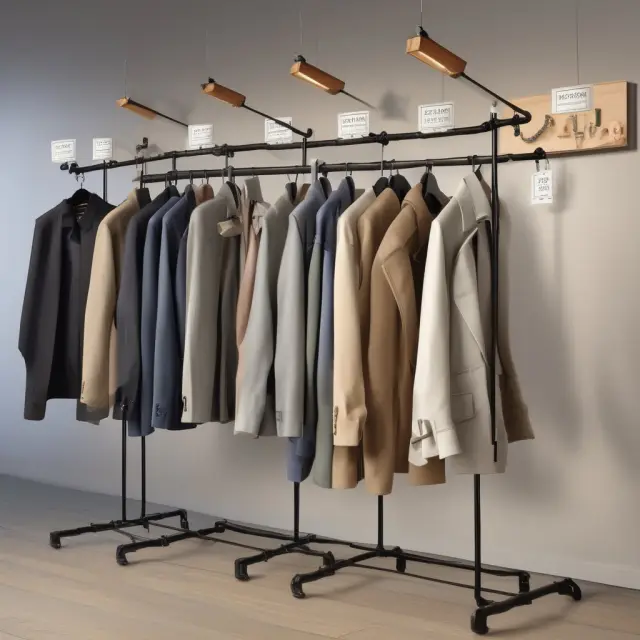 Coats arranged on racks, each tagged with base and discounted prices, illustrating cost savings from buying in bulk