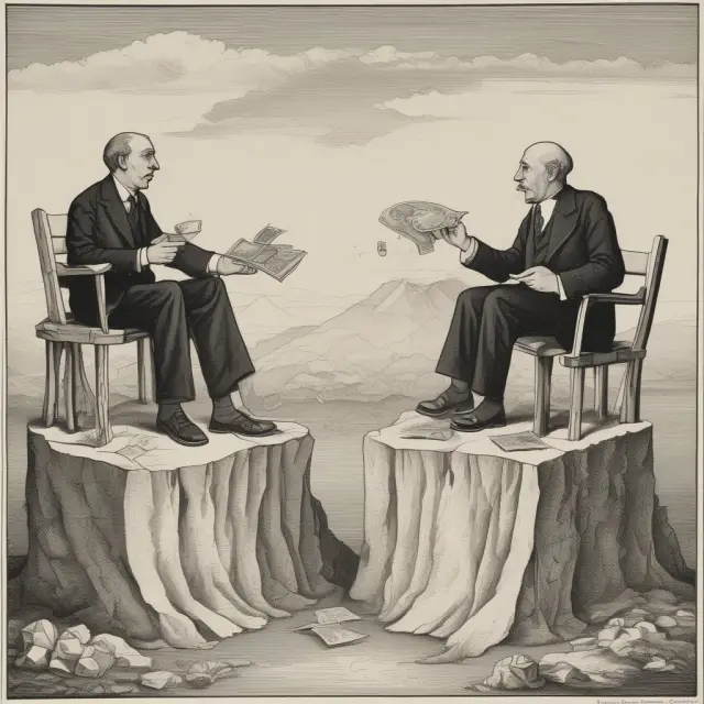 Keynes and Fisher on a mountain, debating monetary theory with price stability theories in hand