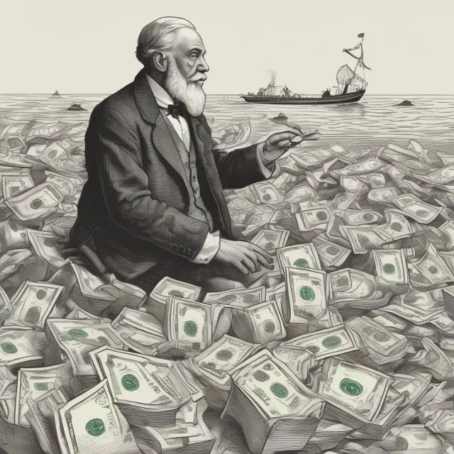A serene sea representing monetarist economics, with ripples symbolizing the impact of Irving Fisher