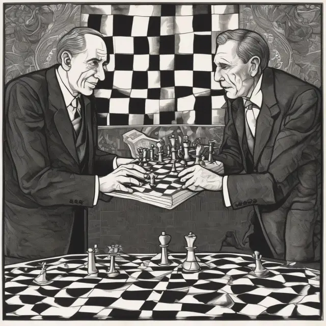 John Maynard Keynes and Irving Fisher engage in a game of chess, with the monetary landscape beneath them representing shifting interest rates and price levels