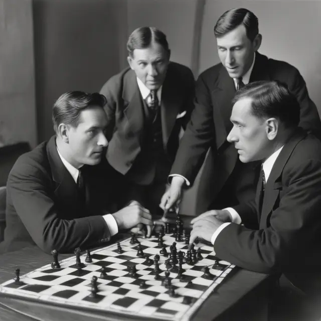 Wicksell and Austrian economists discussing price adjustments on a dynamic chessboard, symbolizing their contrasting perspectives on interest rates and price levels.