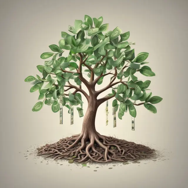 A dynamic money tree with leaves symbolizing prices and branches representing velocity, illustrating the relationship between them in the context of the quantity theory of money