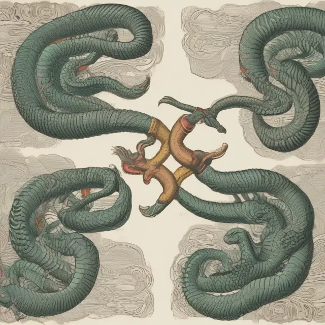 Two intertwined serpents exchange currencies, representing a Quanto swap for international risk management